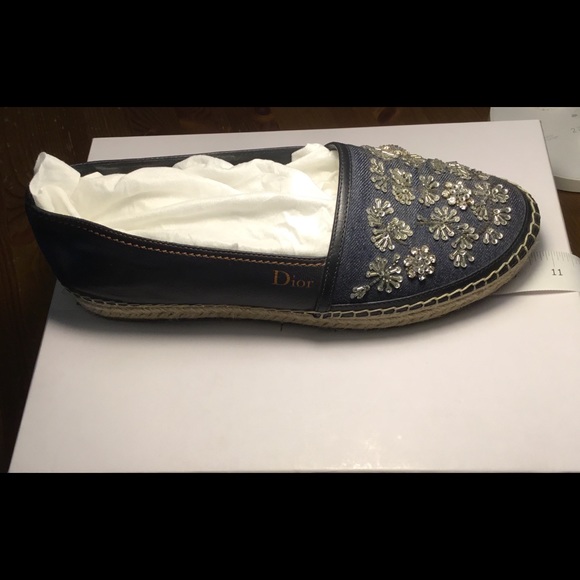 DIOR  DENIM LOAFERS WITH CRYSTAL & BEADED FRONTS - Picture 7 of 8